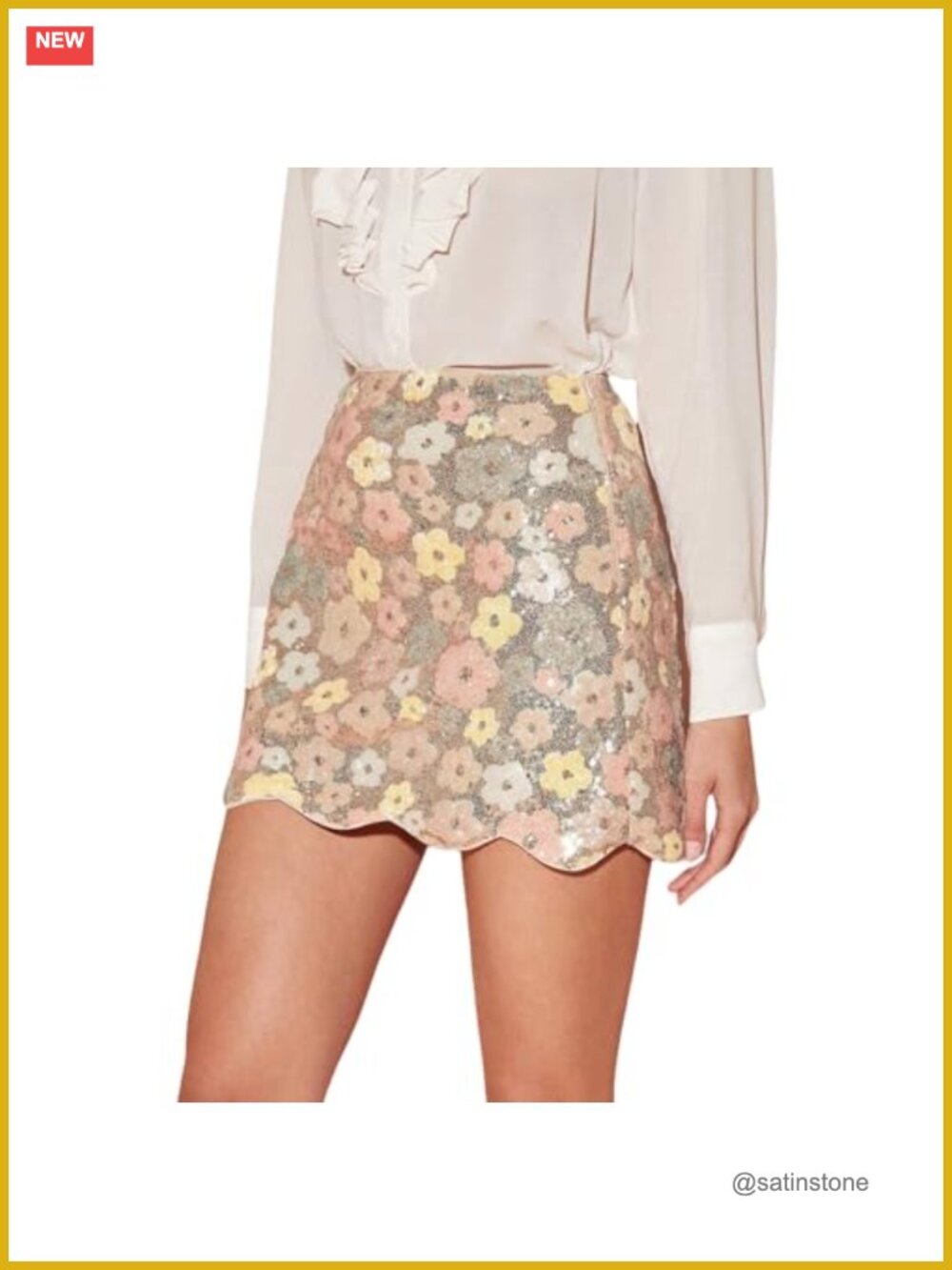 Sequin Floral Embellished High Waisted Bodycon Mini Skirt with Scallop Trim